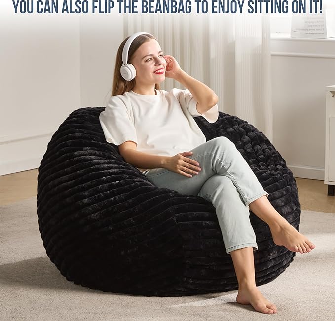 Hobestluk 3ft Bean Bag Chairs for Adults Large Beanbag Chair with Stripe Plush Cover Big Bean Bag Chair for Living Room Bedroom Dorm Office - Black (36” x 36” x 22”)