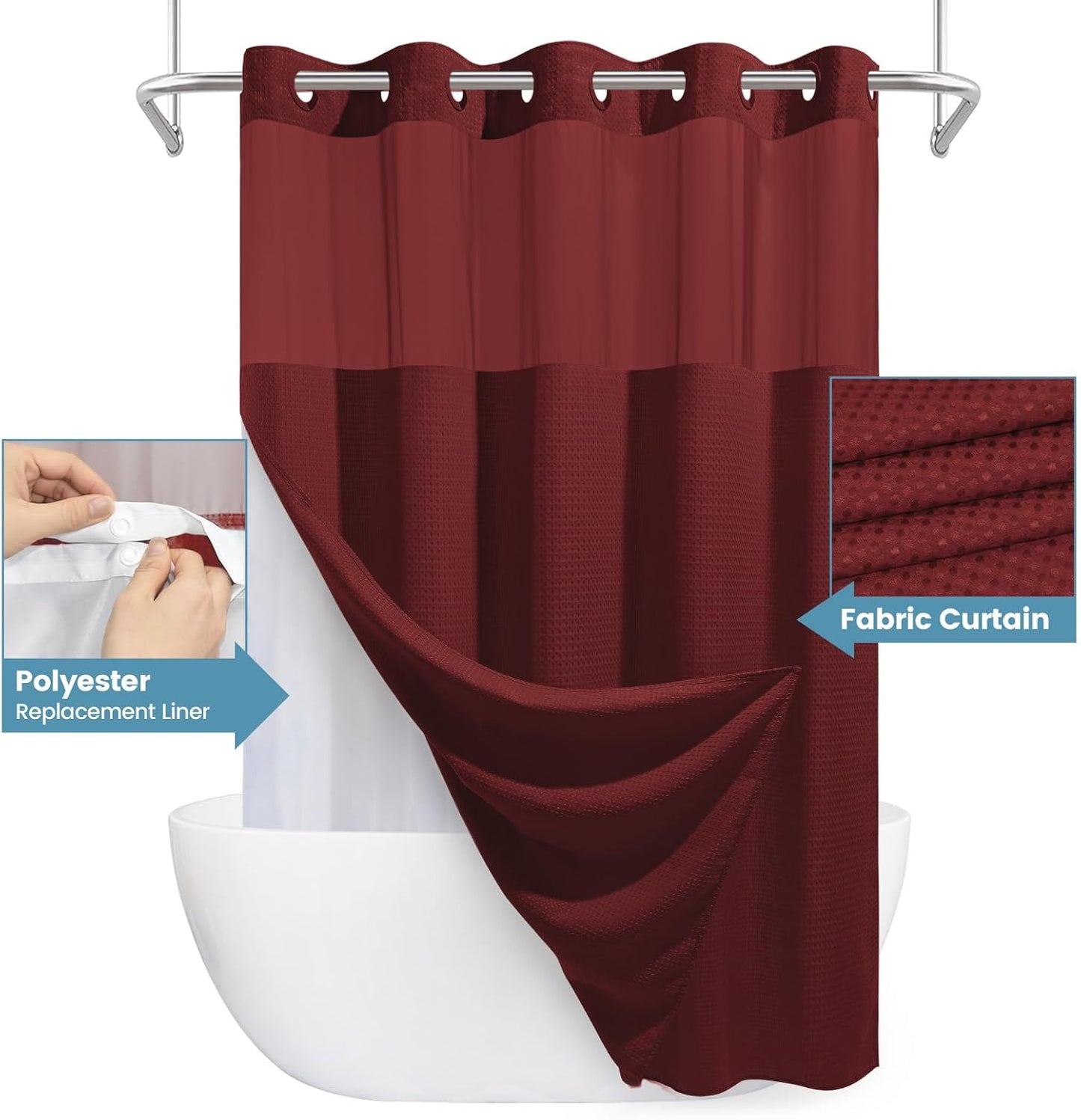 Burgundy Long No Hook Shower Curtain with Snap in Liner,230GSM Waffle Weave Shower Curtains for Bathroom,71W x 86H