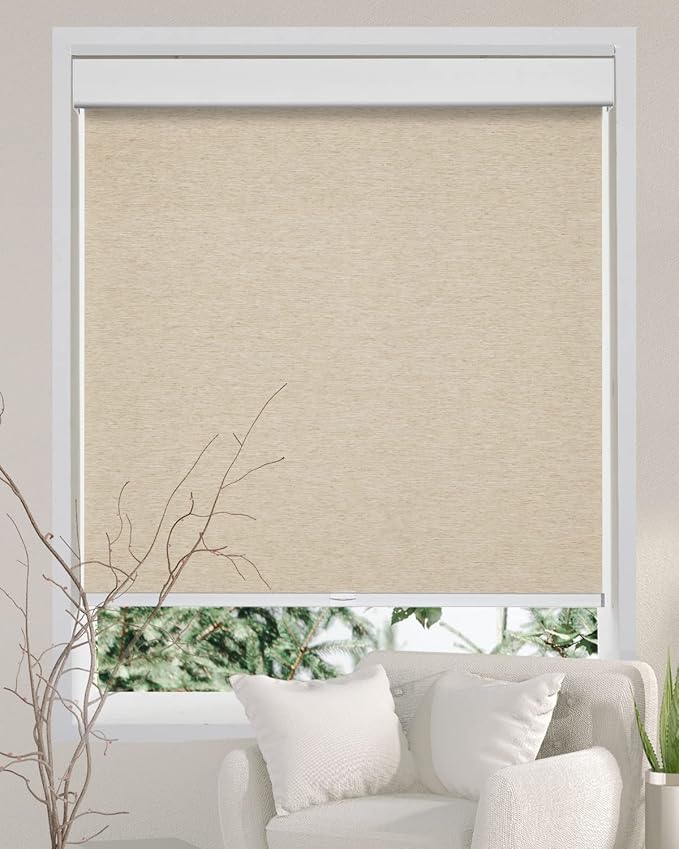 Persilux Free-Stop Cordless Light Filtering Roller Shades for Windows (Khaki 25" x 72") Natural Woven Fabric UV Protection Privacy Roller Blinds for Windows Blinds for Doors, Home, Office, Kitchen