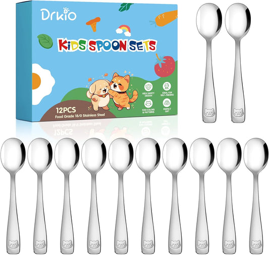 DRKIO Stainless Steel Toddler Spoons Set - 12 Pieces Kids Spoons Set Children Safe Food Grade Kids Silverware Small Spoon Metal Toddler Utensils Dishwasher Safe Mirror Polished