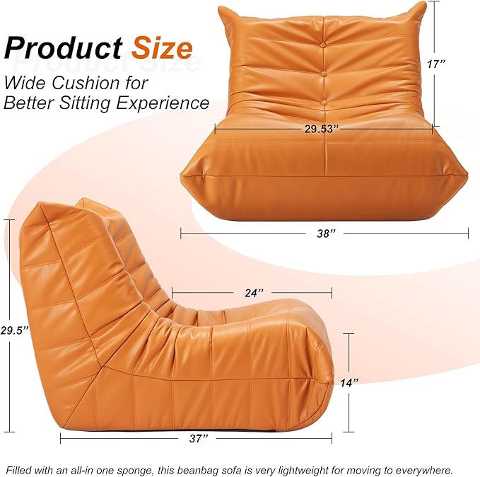 Hobestluk Giant Bean Bag Chair Lazy Floor Sofa, Memory Foam Fireside Sofa for Adults, Big Beanbag Faux Leather Armless Chair for Living Room Bedroom Dorm Office (Orange, Single)