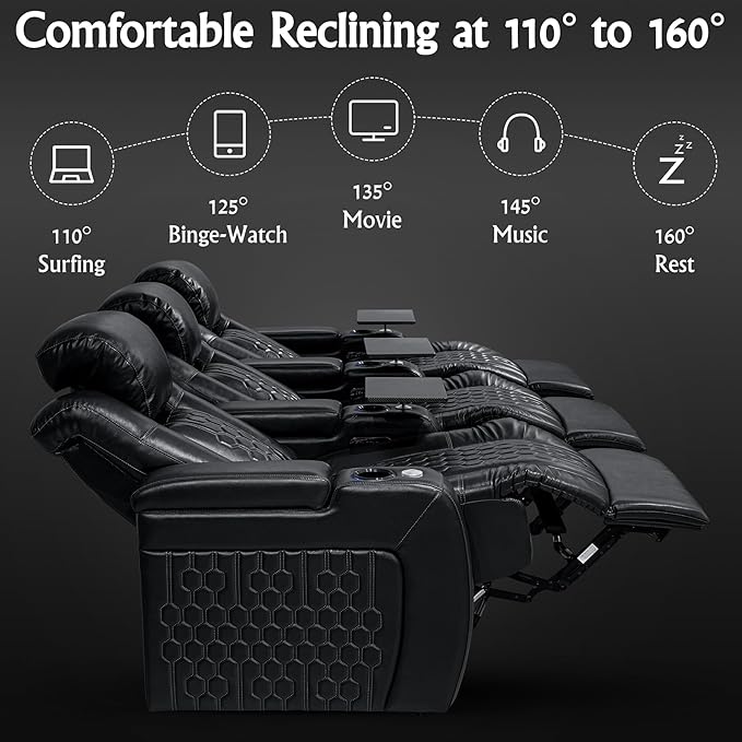 Home Theater Seating, Living Room, Powered Headrest, Powered Lumbar, Italian Leather, Powered Recline, Single Recliner (Black, Row of 3)