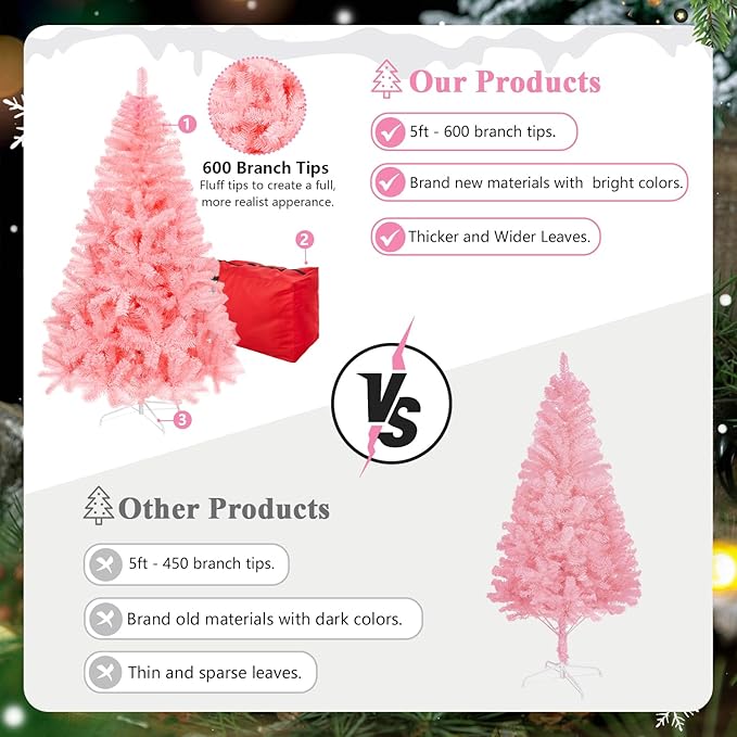 5ft Pink Artificial Christmas Tree, Arbol de Navidad with 600 Branch Tips, Fake Christmas Tree, Premium Spruce Xmas Tree with Fold-Able Metal Base Stand