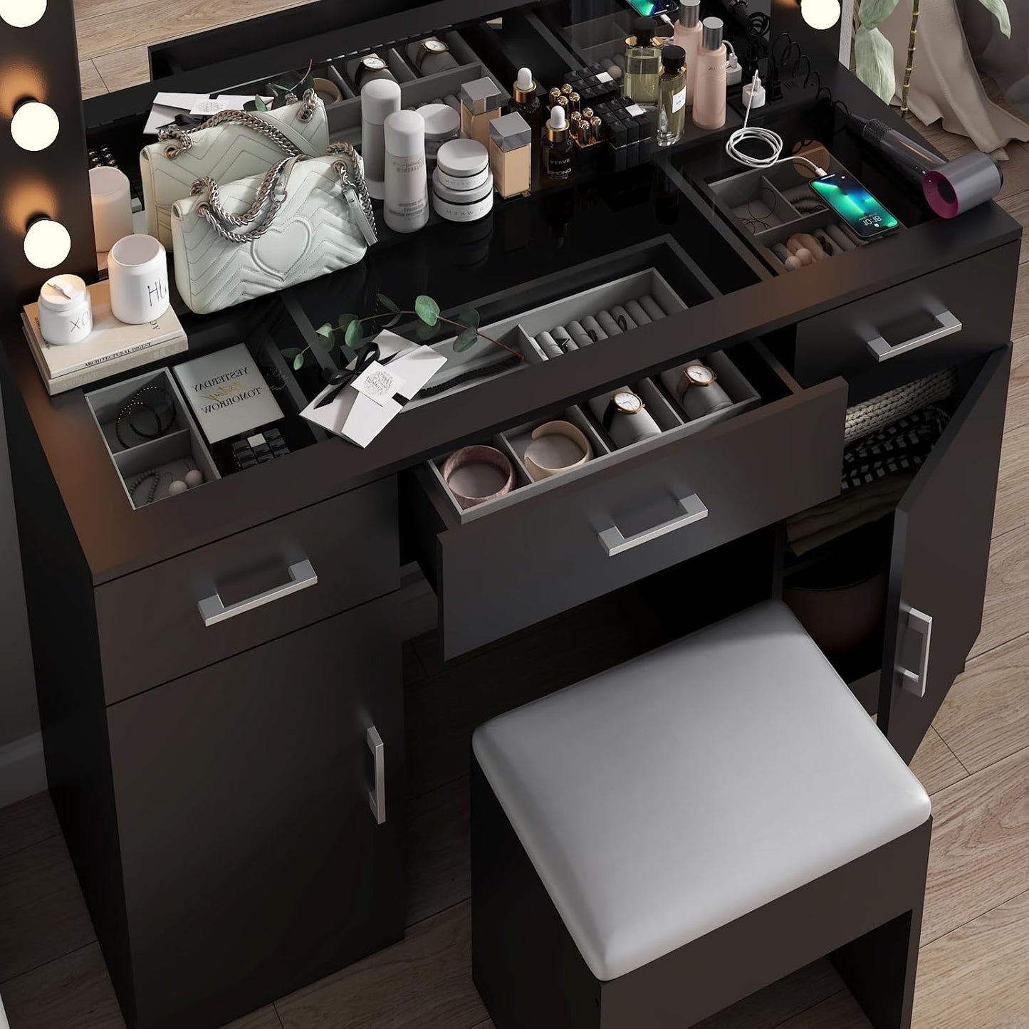 Karl home Vanity Desk with Large Lighted Mirror & Powre Outlet, Glass Tabletop Makeup Vanity Set with 3 Drawers & 2 Cabinet, 45.3" Make up Dressing Table with 12 Lights for Bedroom, Black
