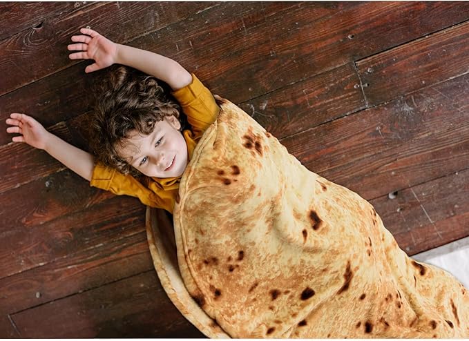 Vessia Burritos Tortilla Blanket Throw Size(Yellow,71 inches), Giant Realistic Funny Food Throw for Adults and Kids, 300 GSM Double Sided Soft Novelty Round Taco Blanket