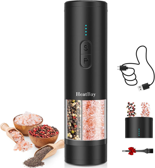 HeatBay Electric Salt and Pepper Grinder Set 2 in 1, USB Rechargeable, Automatic Salt and Pepper Mill Shakers with LED Light, Battery Display, Adjustable Coarseness, Ideal for Kitchen Outdoor BBQ Gift