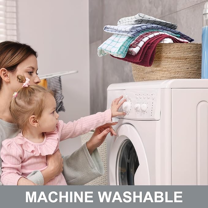 Homaxy Premium Cotton Kitchen Towels 16"x 28", Large Natural Ring Spun 390 GSM Dish Towels, Super Absorbent Terry Kitchen Hand Towels, Soft Tea Towel with Hanging Loop, Grey Check Design, 6 Pack