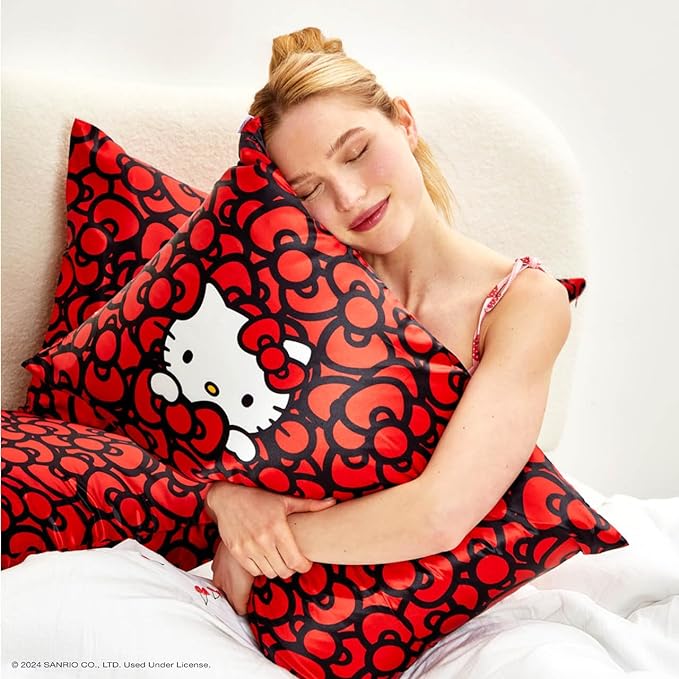 Kitsch x Hello Kitty Sea of Bows - Satin Pillowcase with Zipper for Hair and Skin, Softer Than Silk, Smooth Cooling Pillow Covers, Machine Washable - Queen/Standard Size (19x26)
