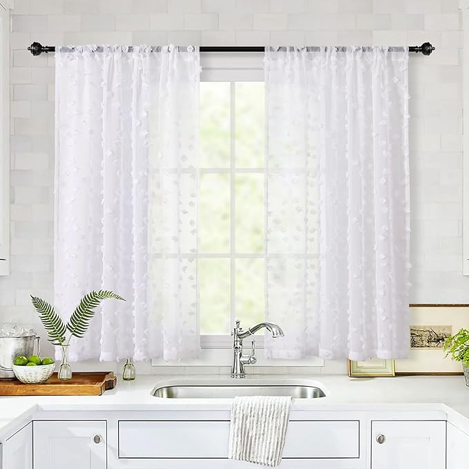 MYSKY HOME White Sheer Short Curtains with Pom Pom for Small Windows Bedroom Nursery Kids Girls Room Curtains Cafe Kitchen Light Filtering Boho Drapes, Rod Pocket,38 x 54 Inches, 2 Panels
