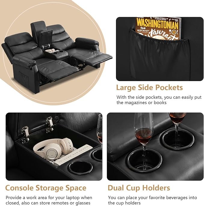 Loveseat Reclining Sofa, Home Theater Seating with Center Console, RV Recliner Sofa with Cup Holders and Pockets, Manual Double Seater Recliner for Living Room, Motor Home, Cinema(Black)