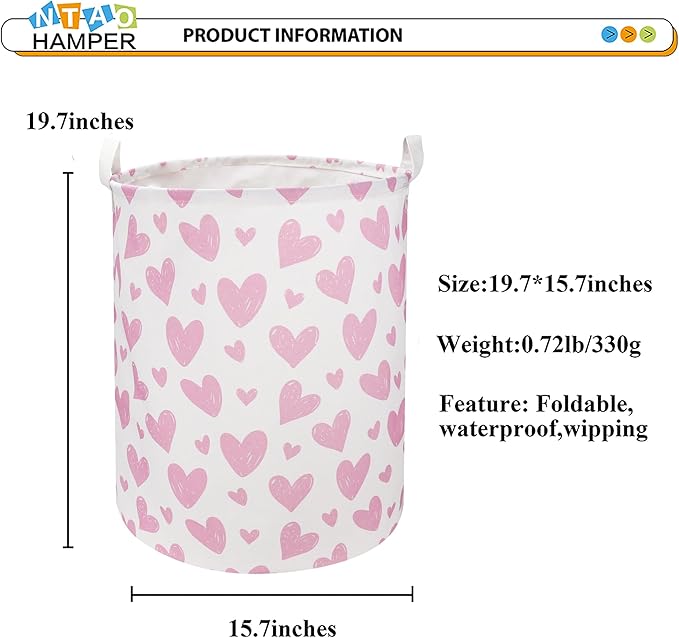 Pink Heart Laundry Hamper, Laundry Basket, Girls Nursery Hamper,Waterproof Storage Bin for Bedroom,Clothes Organizer Basket, Room Decor(Pink Heart)