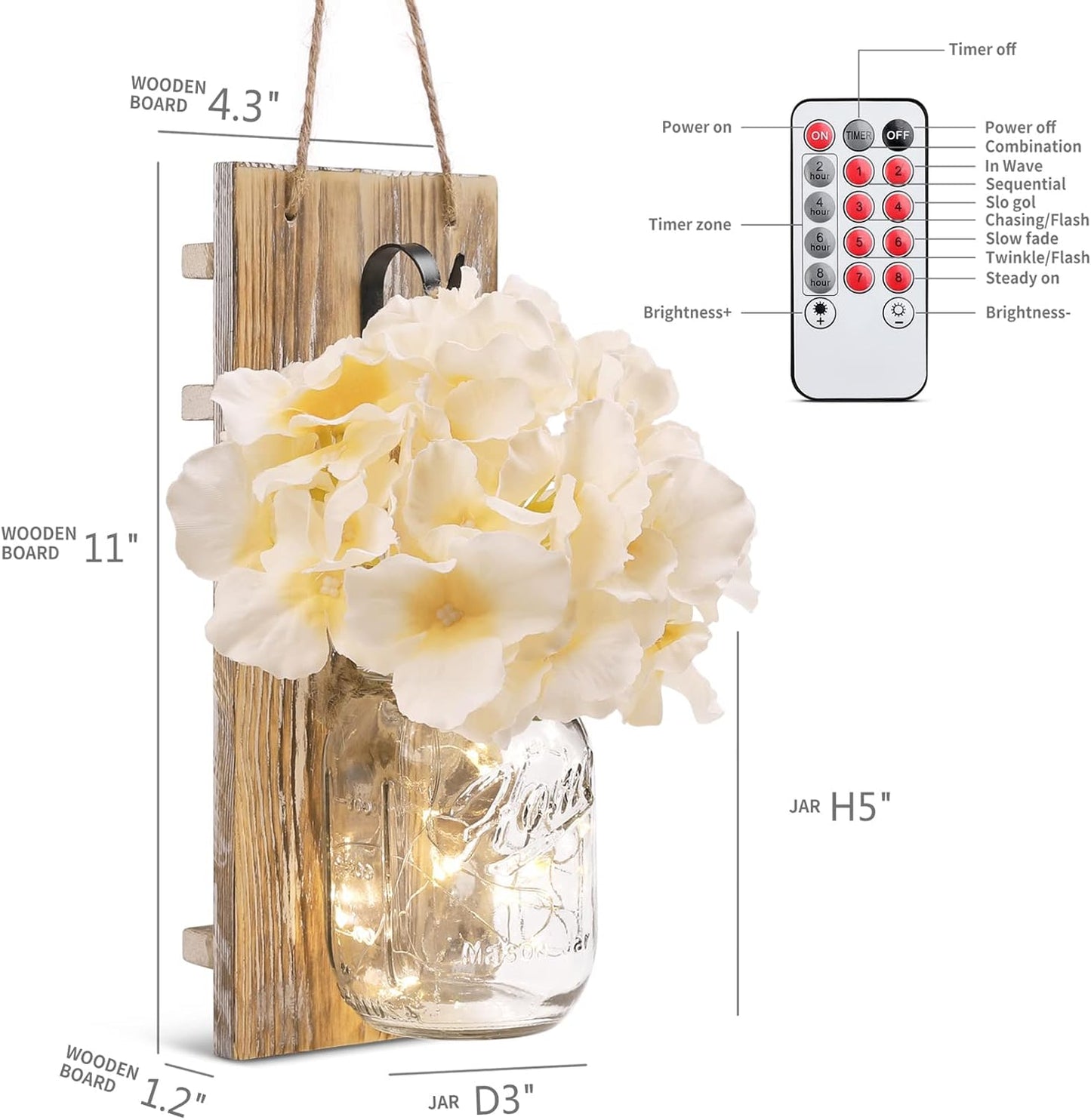 HOMKO Decorative Mason Jar Decorations with 6-Hour Timer LED Fairy Lights and Flowers - Rustic Home Decor (Set of 2)