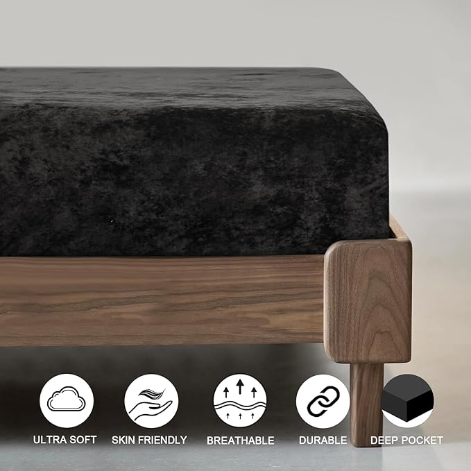 PHF Truly Velvet Fitted Sheet Only King Size, Luxury Super Soft Cozy Fuzzy Flannel Bottom Sheet, Deep Pocket Up to 16",Strenghth Elastic Band,Suitable for Fall Winter Spring, No Pillowcases, Black