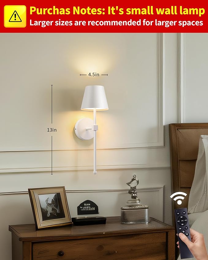 KDG Wireless Wall Sconces Set of 2, Small Cordless 5200mAh Rechargeable Battery LED Wall Lamps, Stepless Dimming Lightings for Wall Painting, Living Room, Bedroom, Hallway, Gifts, Night Light (White)