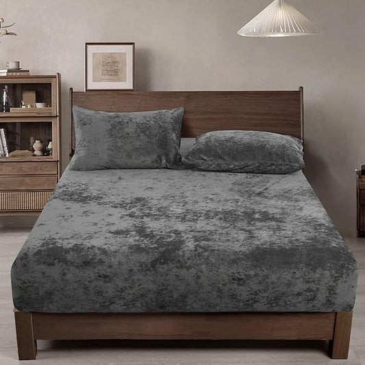 PHF Truly Velvet Fitted Sheet Only Queen Size, Luxury Super Soft Cozy Fuzzy Fleece Bottom Sheet with Deep Pocket Up to 16",Suitable for Fall Winter Spring, No Pillowcases, Charcoal/Dark Grey