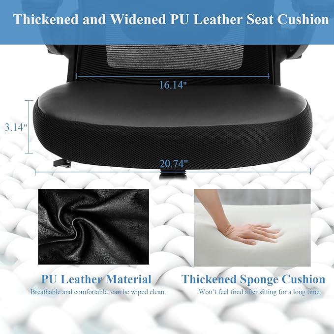 Ergonomic Office Chair 350lbs PU Leather Mesh Desk Chair with Lumbar Support, Flip-Up Arms, Swivel Wheels, Adjustable Height, Rolling Executive Computer Task Chair for Home Office,Black