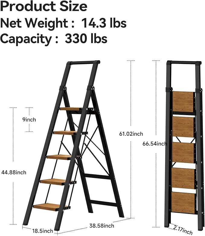HillhutApex 5 Step Foldable Aluminum Step Ladder with Handgrip, Anti-Slip Pedal, 330 lbs Capacity, Lightweight & Portable for Home, Kitchen, Office, Garage (Black Woodgrain)