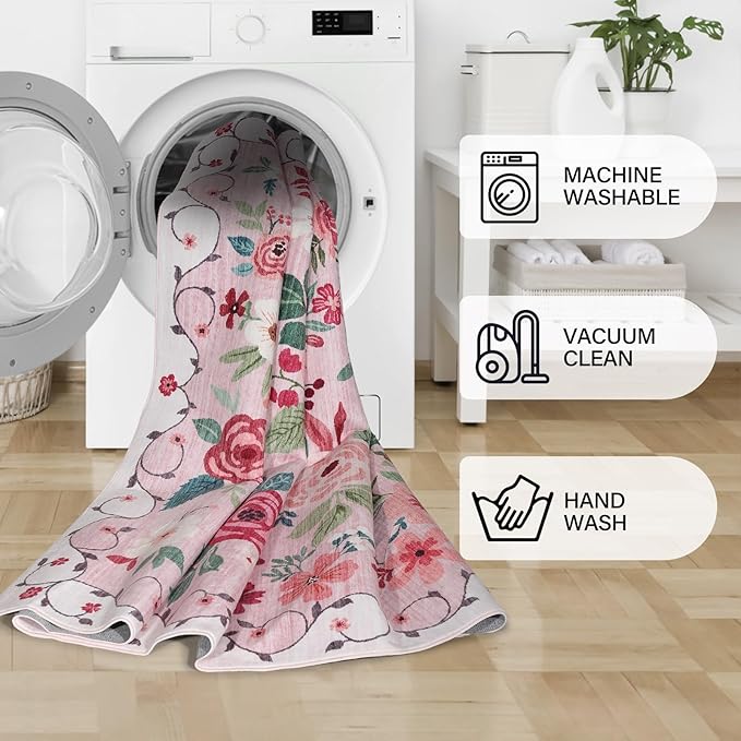 DUKINO 3x4 Area Rug, Lightweight Non Slip Washable Floral Rug, Indoor Low Pile & Non-Shedding Boho Design Carpets for Bedroom, Kitchen, Dining Room, Pink