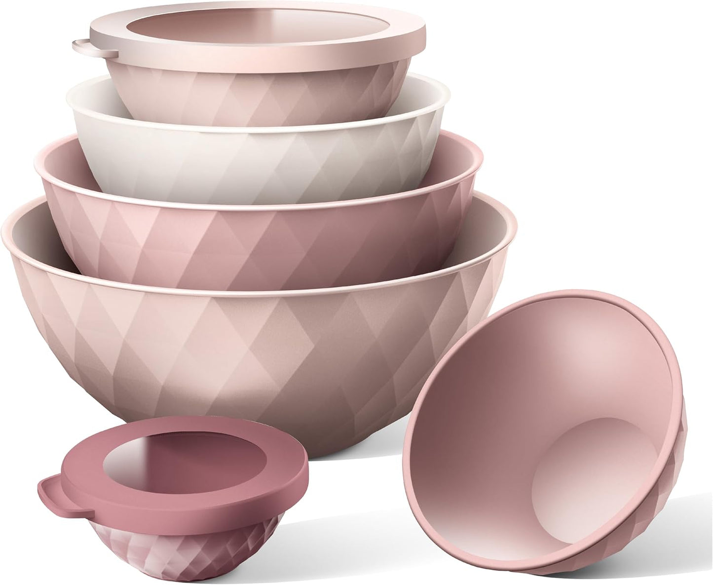 COOK WITH COLOR Mixing Bowls with Lids - 12 Piece Plastic Nesting Bowls Set includes 6 Prep Bowls and 6 Lids, Diamond Design - Microwave Safe, Pink