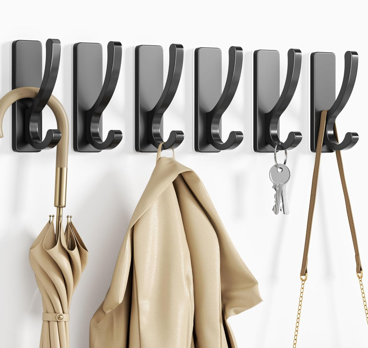 Adhesive Wall Hooks for Towels Coats - Stick On Hooks Hanging Heavy Duty (13lb), Metal Hook for Door, Bathroom, Dorm, Closet - Hanger for Purse, Bag, Robe,Backpack - No Damage to Wall - Black 6 Pack