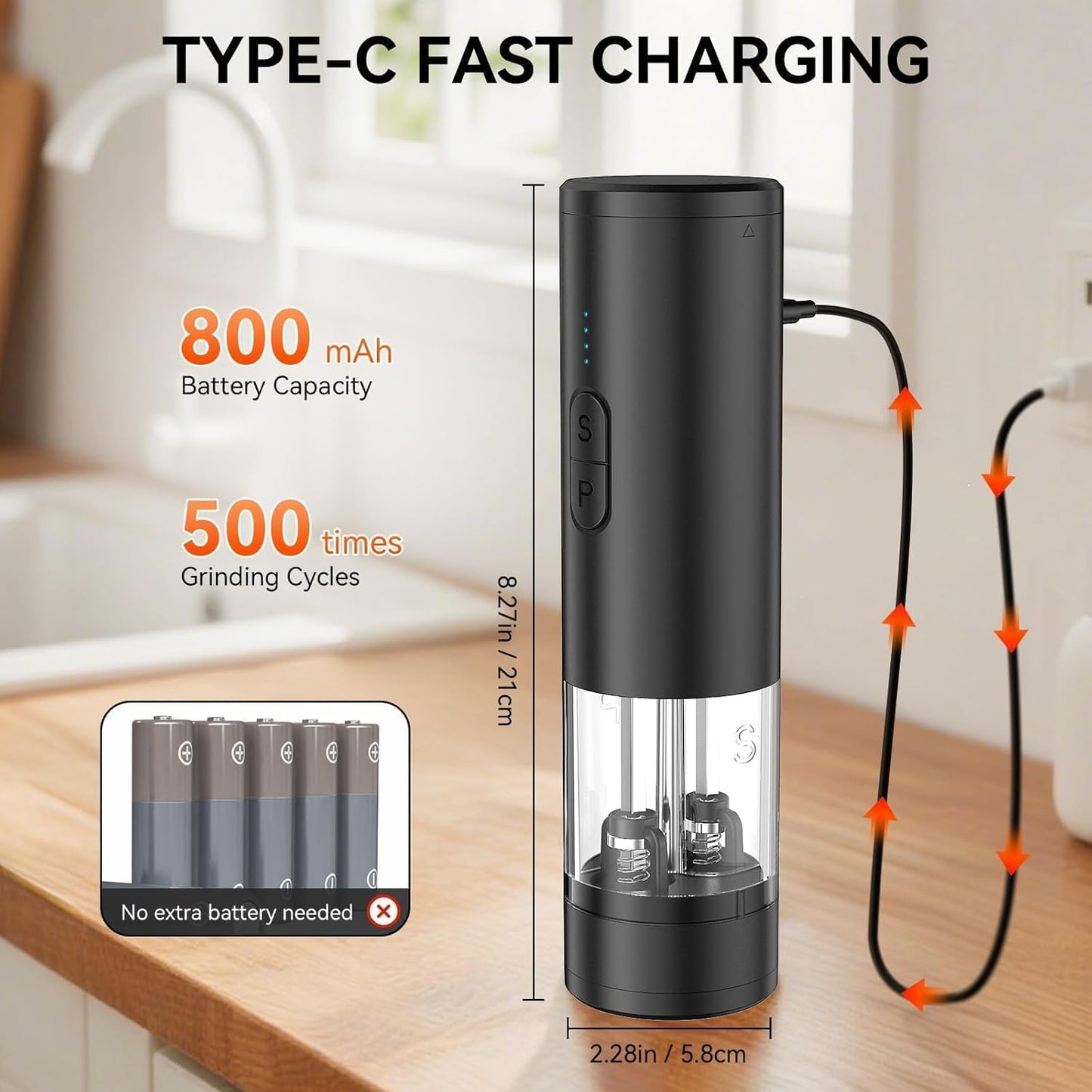 HeatBay Electric Salt and Pepper Grinder Set 2 in 1, USB Rechargeable, Automatic Salt and Pepper Mill Shakers with LED Light, Battery Display, Adjustable Coarseness, Ideal for Kitchen Outdoor BBQ Gift