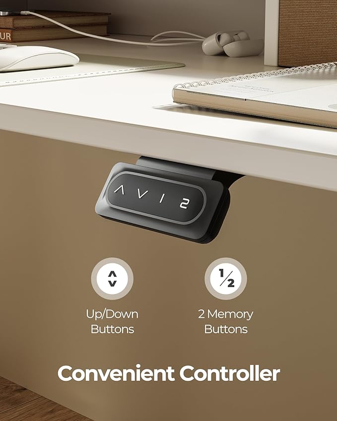 FEZIBO 60 x 24 Inch Height Adjustable Electric Standing Desk with Double Drawer, Sit Stand Desk, Home Office Stand Up Table with 4 Height-Adjustable Feets & 2 Hooks, White