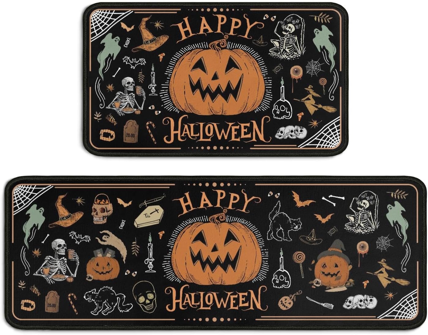 2 Piece Halloween Kitchen Decor Rugs Set,Cute Pumpkin Kitchen Rugs and Mats Non Skid Washable Absorbent Kitchen Accessories Decoration Floor Mats 17"x47"+17"x30"