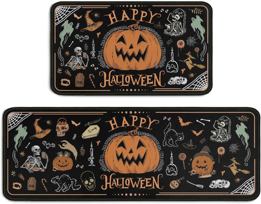2 Piece Halloween Kitchen Decor Rugs Set,Cute Pumpkin Kitchen Rugs and Mats Non Skid Washable Absorbent Kitchen Accessories Decoration Floor Mats 17"x47"+17"x30"