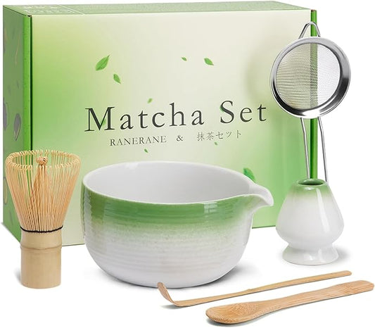 Matcha Set Matcha Bowl with Spout,Matcha Whisk and Matcha Whisk Holder,Bamboo Matcha Spoon and Scoop Handmade with Matcha Sifter for Matcha Maker Green, Normal, ZYMC6Pcs01-Green