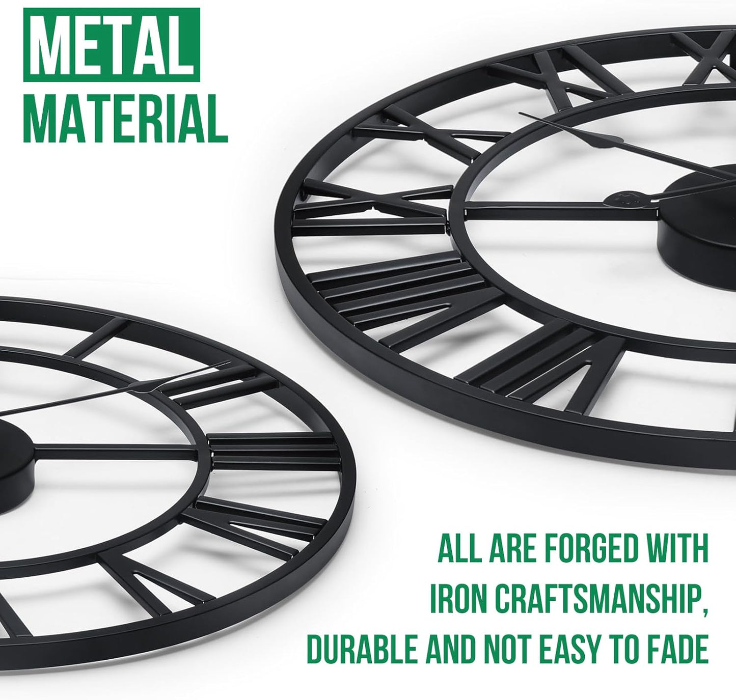 Large Wall Clock 16 Inch Black Roman Numerals Metal Clock Battery Operated Silent Non-Ticking Decor Clock Modern Round Oversize Wall Clocks for Home, Hotel, Office, Bedroom (Black, 16inch)