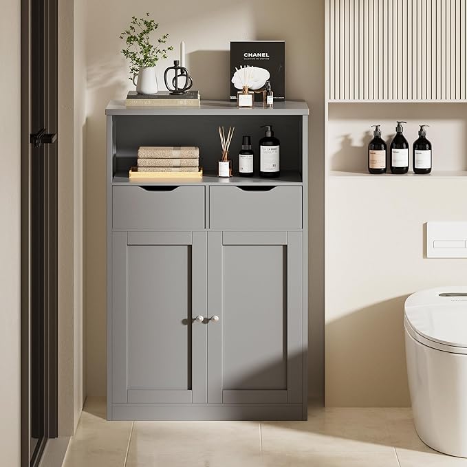Vongrasig Bathroom Storage Cabinet, Farmhouse Freestanding Pantry Cabinet with 2 Drawers and Shelves, Wooden Storage Organizer for Bathroom, Living Room, Grey
