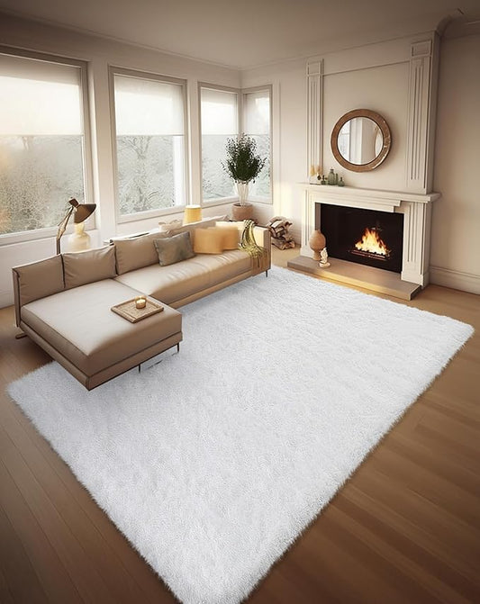 Ophanie 8x10 White Area Rugs for Living Room, Large Shag Bedroom Carpet, Big Indoor Thick Soft Nursery Rug, Ivory Carpets for Boy and Girls Room Dorm Home Decor Aesthetic