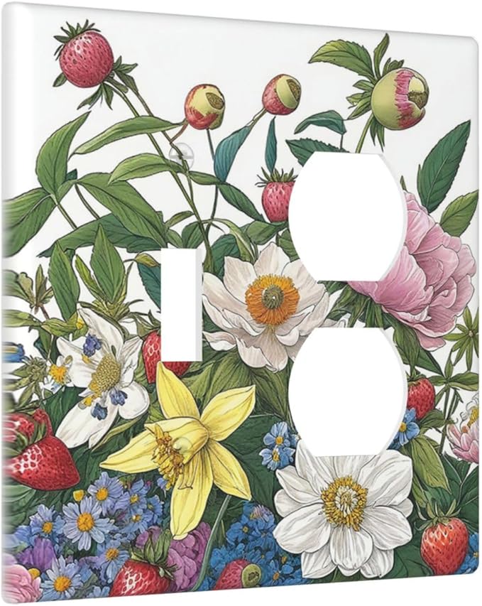 Spring Watercolor Flower Plant Strawberry Peony Floral Wallplates 1 Toggle 1 Duplex Electrical GFCI Faceplate Decorative Light Switch Covers Switch Plate for Bedroom living Room Decor