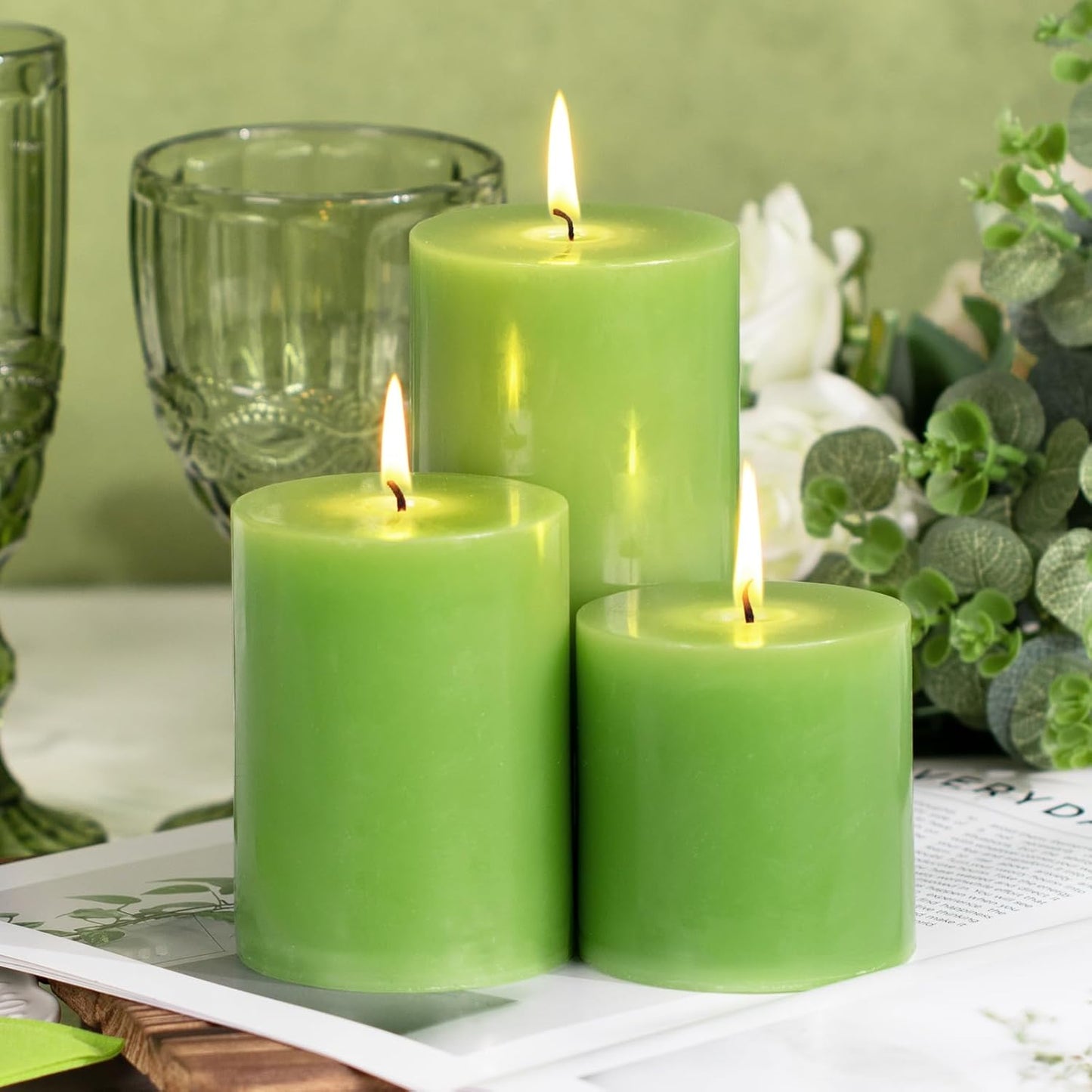 KONNI Green Pillar Candles Set of 3, 3"x 6" Unscented Pillar Candles Bulk, 56 Hours Long Burning Candles, Smokeless&Dripless Large Round Candle for Wedding, Home Decoration, Parties, Spas, Dinner