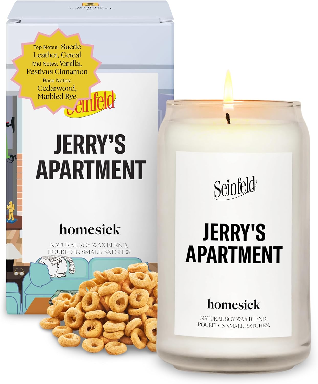 Homesick Scented Candles for Home (Jerry's Apartment) - 13.75 oz Long-Lasting Soy Wax Jar Candle for Women & Men for All Occasions, 60-80 Hours Burn Time - Notes of Suede Leather, Vanilla & Cedarwood