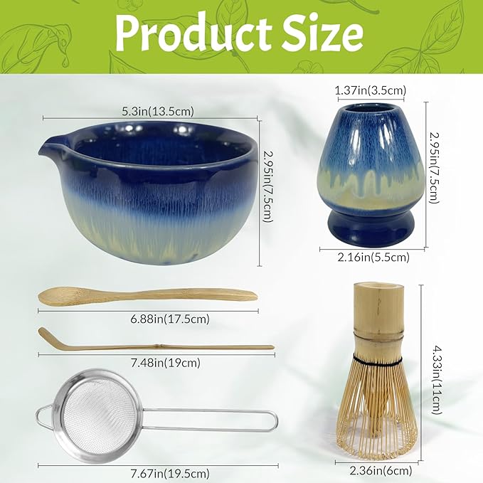 Matcha Whisk Set,6Pcs Matcha Kit Includes Matcha Whisk and Holder,Matcha Bowl with Spout,Matcha Sifter and 2Pcs Matcha Spoon,Suitable as a gift for those who like matcha (Gradient Blue)