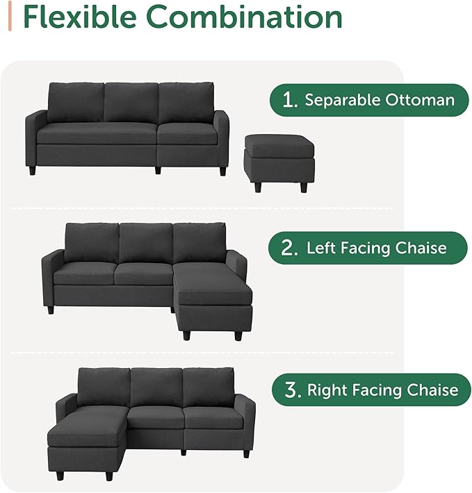 HONBAY Convertible Sectional Sofa, L Shaped Couch with Reversible Chaise for Small Space, Black