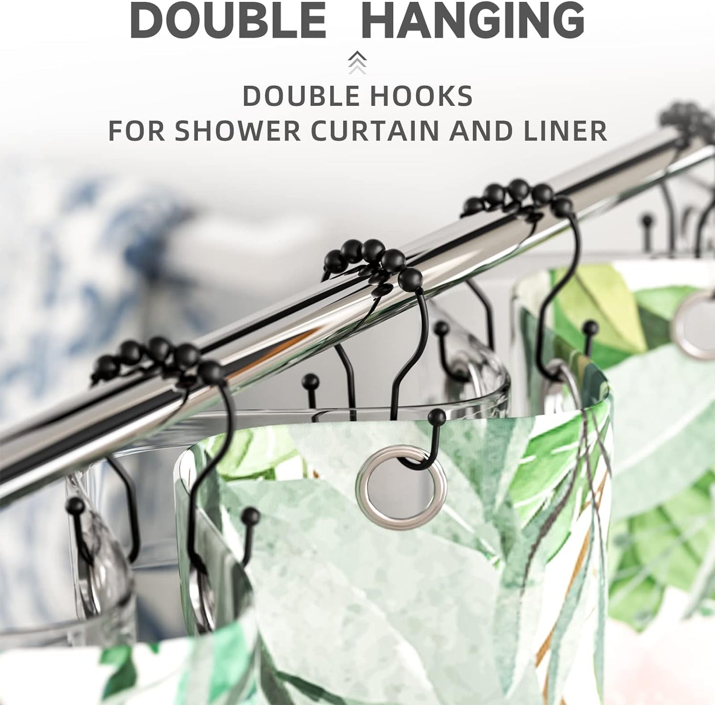 Shower Curtain Hooks Shower Curtain Rings Black Shower Curtain Hooks RustProof Smooth Metal Double Shower Curtain Hook, Shower Hooks for Shower Curtain Liner Bathroom Shower Rod Hook