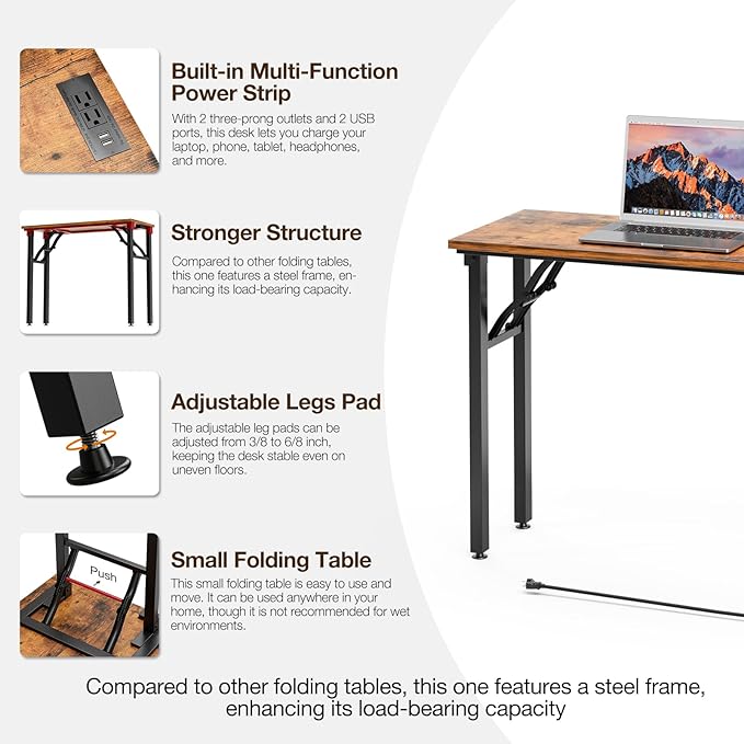 TEMI Small Computer Desk Folding Table - No Assembly, Compact 35.8" Foldable Desk with Power Outlets & USB Charging Port, Portable Small Office Desk, Ideal Mini Study Table for Narrow Spaces, Brown