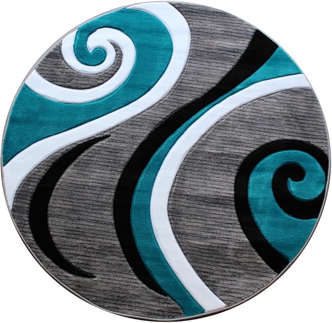 Masada Rugs Sophia Collection Hand Carved Round Area Rug Modern Contemporary Turquoise Grey White Black (8 Feet X 8 Feet) Round