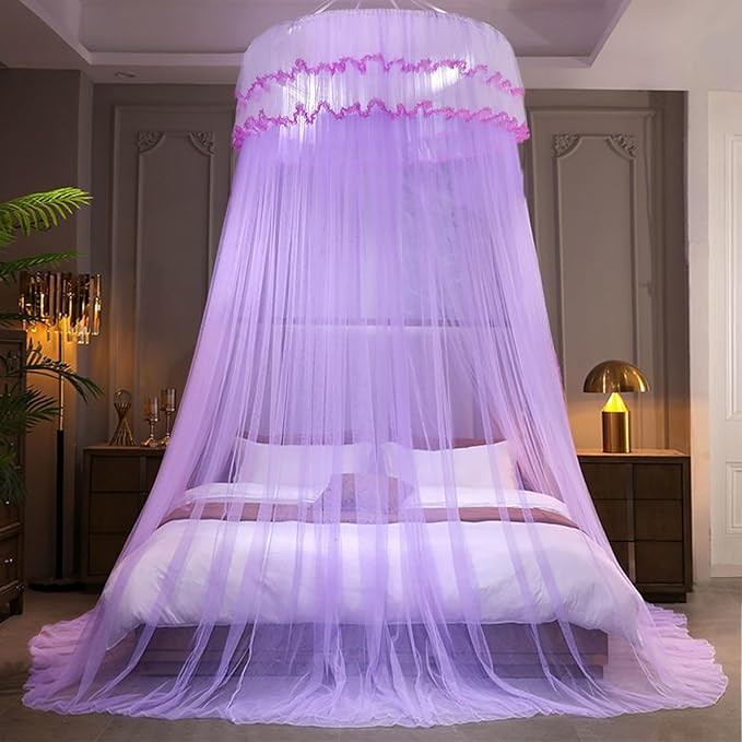 Kertnic Mosquito Net Bed Canopy for Girls, Princess Canopy Bed Curtain Fine Sheer Mesh Dome Bed Canopies, Kids & Adults Lace Tent for Twin Full Queen King Bed (Light Purple)