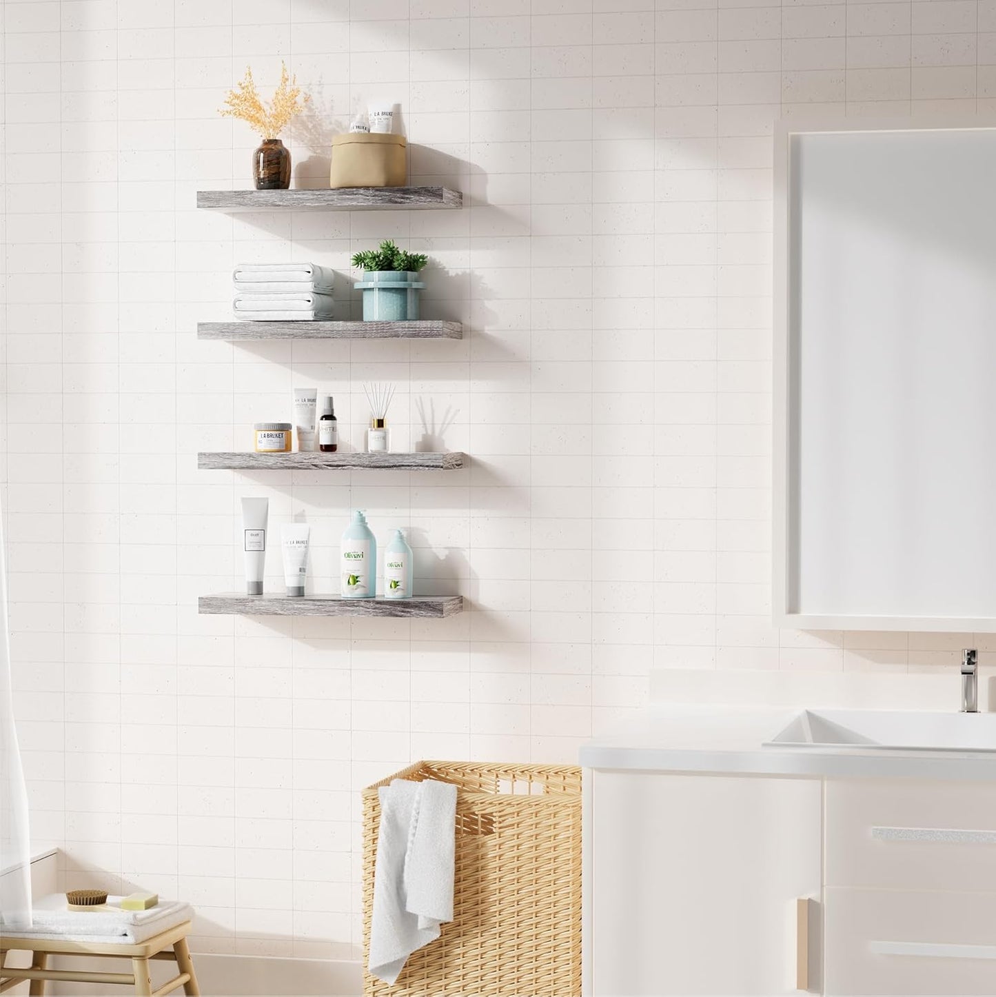 Bellsal Floating Shelves for Wall, Gray Engineered Wood Wall Shelf Set of 4, 16" Walls Mounted Floating Shelf for Kitchen, Living Room, Bedroom, Bathroom Storage, Book Shelfs for Home Decor