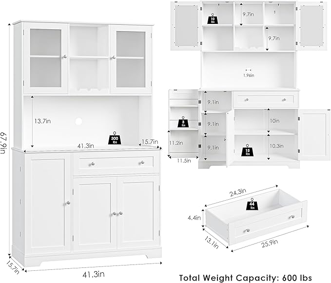 HOSTACK Kitchen Pantry Storage Cabinet, Modern Buffet Cabinet with Hutch, Tall Kitchen Hutch with Microwave Stand, Food Pantry with Doors and Shelves | Wine Rack for Dining Room, White