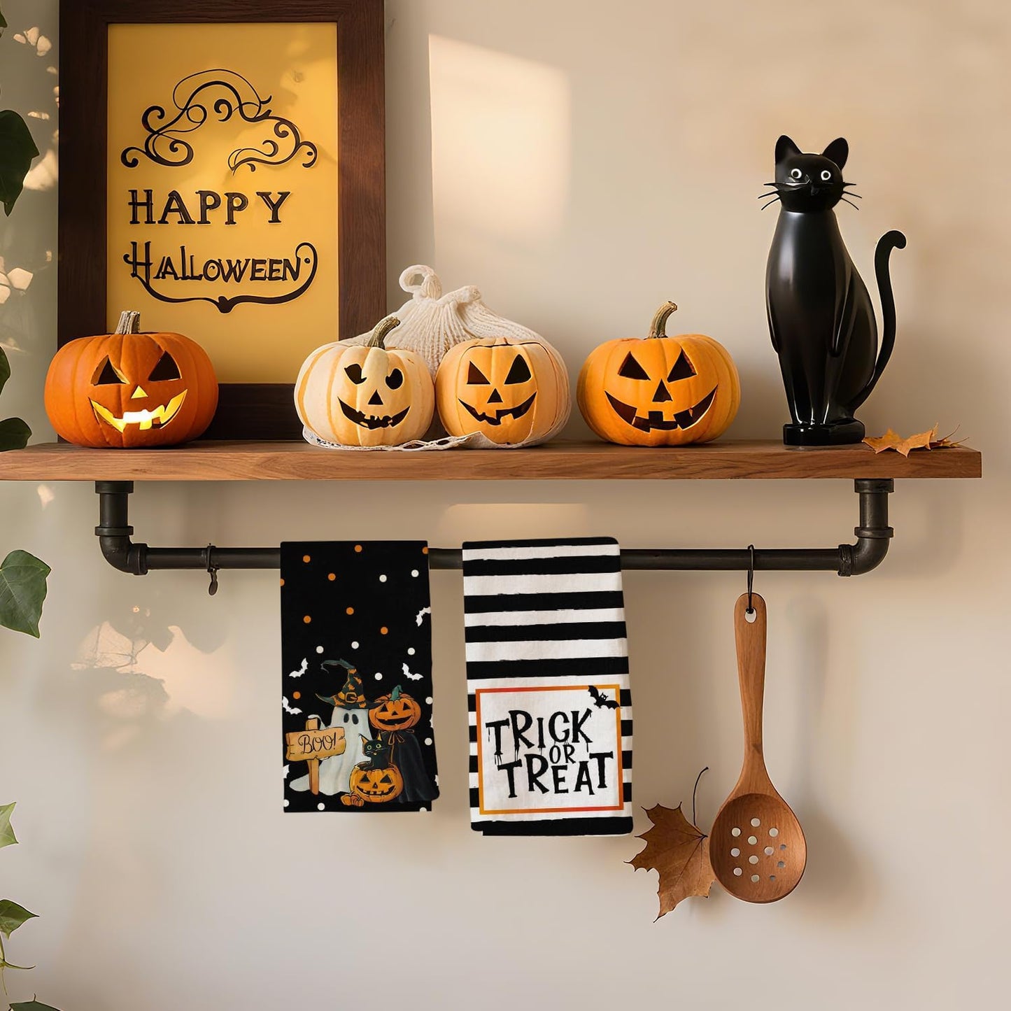 Ghost Pumpkins Cat Boo Halloween Kitchen Towels, Trick OR Treat Dish Towels, Holiday Home Indoor Bathroom Party Seasonal Decorations Hand Towels Set of 2, 18x26 Inch
