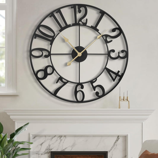 LEIKE Large Wall Clock, 16" Silent Non-Ticking, Battery Operated, Oversized, Decorative Retro Black Metal Clock for Living Room,Farmhouse, Dinner Room,Indoor, Outdoor Decor(40cm, Black Arabic Number)