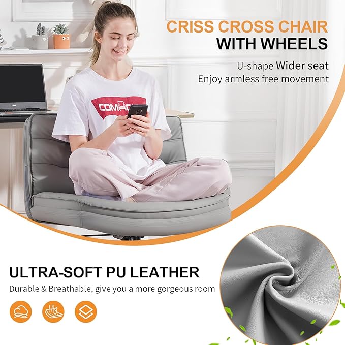 COMHOMA Cross Legged Office Chair with Wheels Armless Office Desk Chair, Modern Vanity Computer Task Chairs for Home Bedroom, Comfortable Wide Seat for Lower Back Pain Relief, PU Leahter, Gray