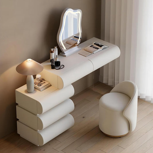 homary White Makeup Vanity Set with LED Mirror and Dressing Stool, Modern PU Leather Dressing Table with Drawers for Bedroom, Ideal for Women Girls (White)