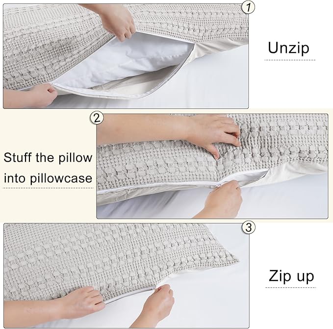 PHF 100% Cotton Waffle Body Pillowcase with Zipper, 1 Pack 20" x 54" Soft Skin-Friendly Pillow Sham, No Filling, Aesthetic Woven and Breathable Waffle Weave Body Pillow Cover for Bed, Light Grey