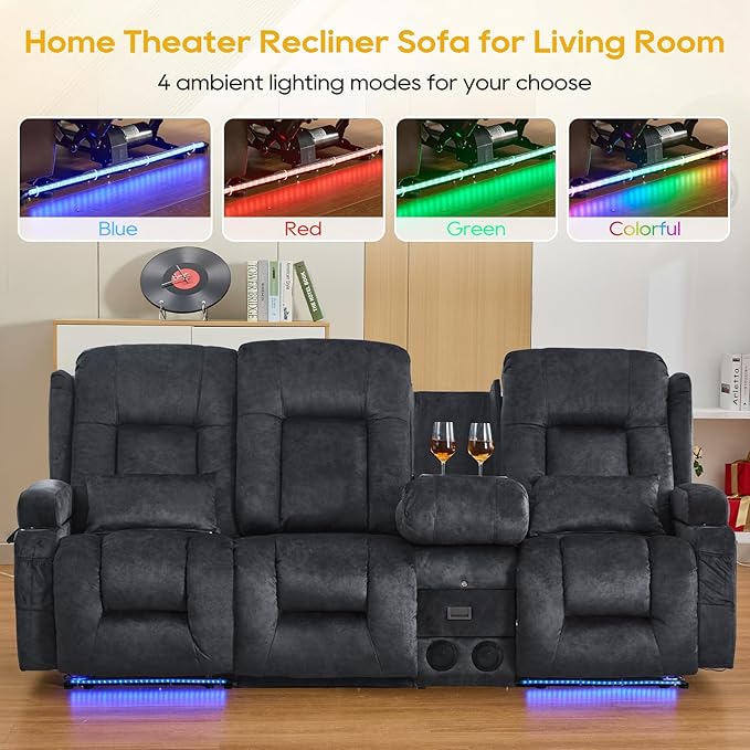 IPKIG 89" Power Reclining Loveseat Sofa, Electric Home Theater Seating with Console/4 Colors Ambient Lighting/Bluetooth Speakers/USB Ports/Built-in Outlets (Grey, 3-Seater with Console)