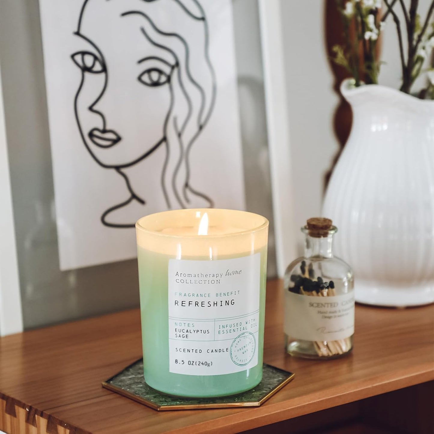 Eucalyptus Candle, Eucalyptus & Sage Scented Candles,Soy Wax Green Candles for Home Scented,Candle Gift for Women Men,8.5oz